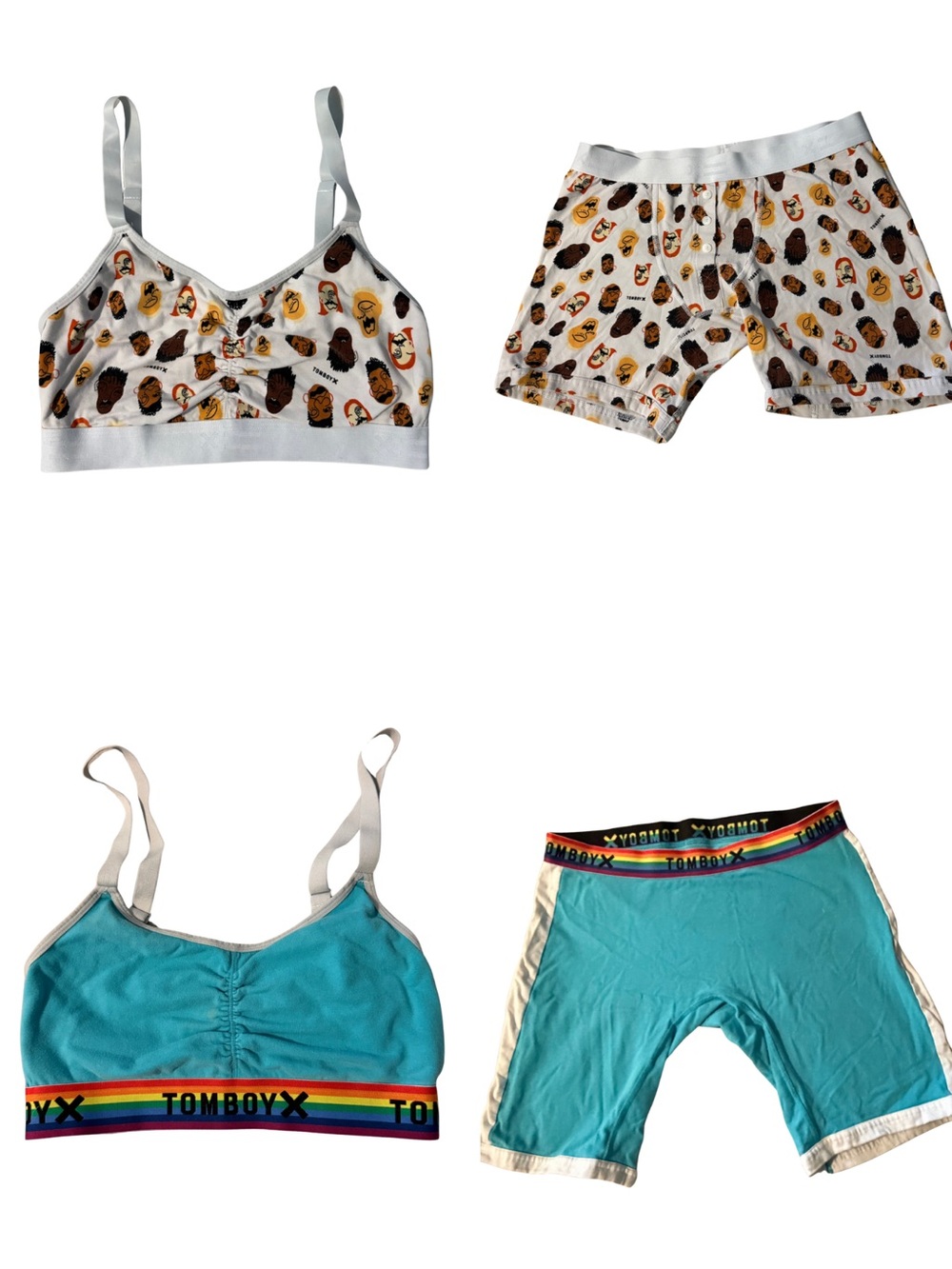 TomboyX Bralette Boxer Lot 4pc Size Small - Faces AOP Teal Rainbow